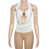 Sleeveless hanging neck hollow out backless high waisted short top