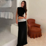 Backless top patchwork long skirt set