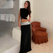 Backless top patchwork long skirt set Backless top patchwork long skirt set