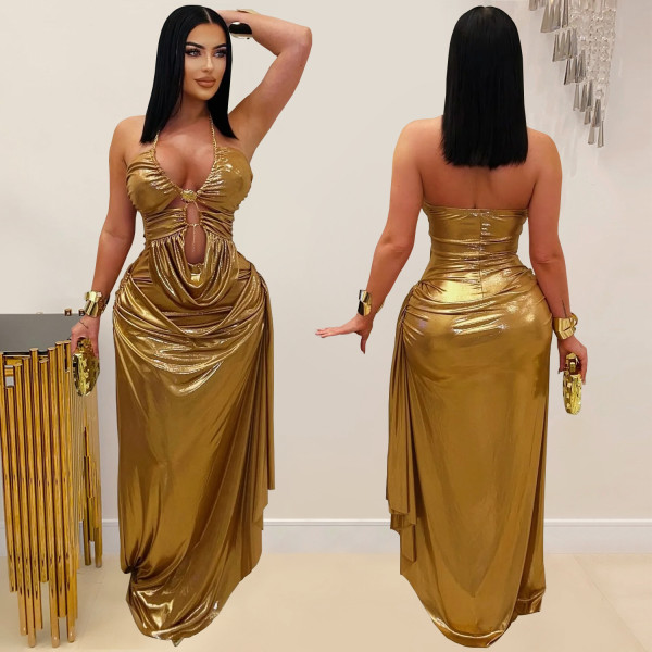 Hanging neck gold chain pleated arm dress