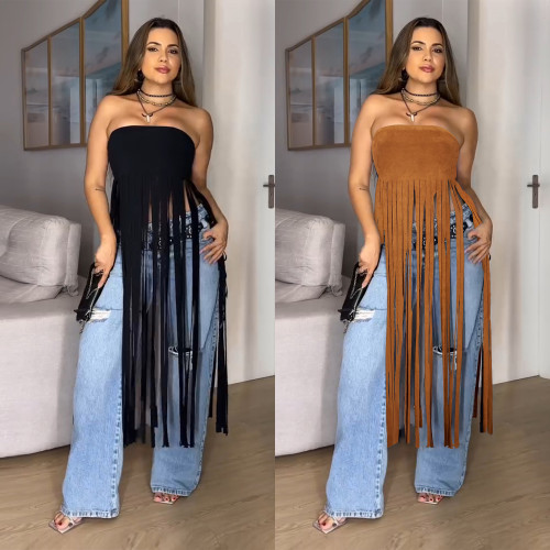 Strapless solid color tassel long dress