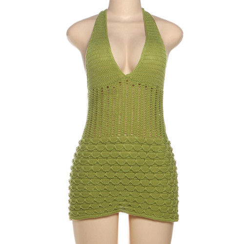 V-neck lace up backless hollow knitted dress