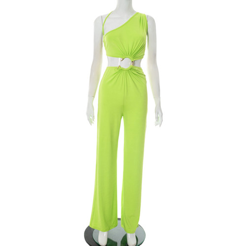 Hollow out diagonal collar strap, pleated circular ring splicing, straight tube long jumpsuit