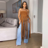 Strapless solid color tassel long dress