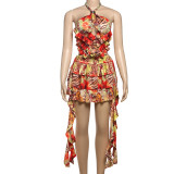 Hanging neck tie backless short skirt printed dress