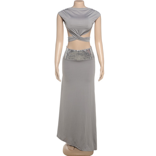 Backless top patchwork long skirt set