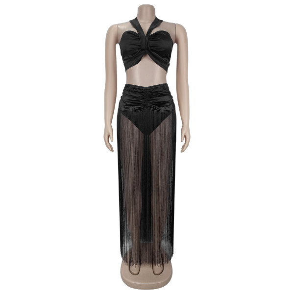Shoulder strap top tassel long skirt two-piece set