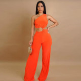 Hollow out diagonal collar strap, pleated circular ring splicing, straight tube long jumpsuit