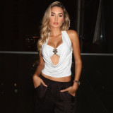 Sleeveless hanging neck hollow out backless high waisted short top