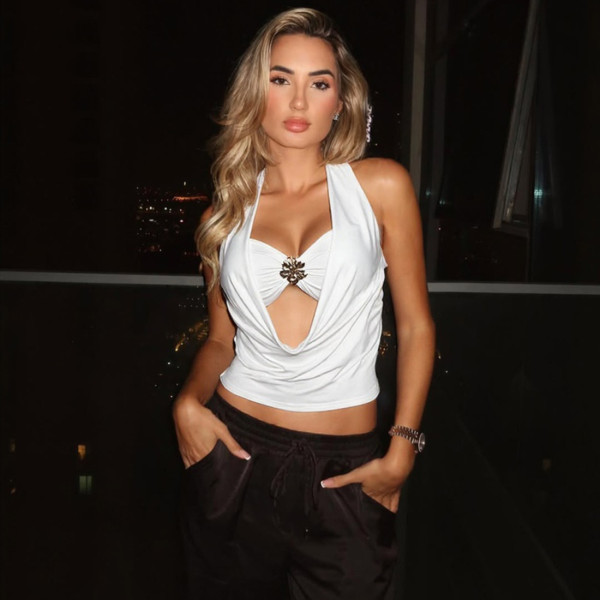 Sleeveless hanging neck hollow out backless high waisted short top