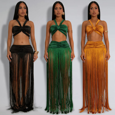 Shoulder strap top tassel long skirt two-piece set