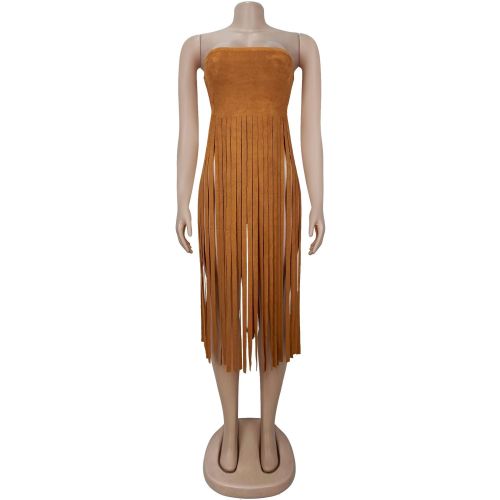 Strapless solid color tassel long dress