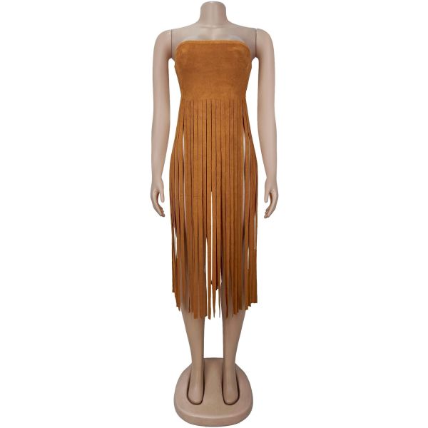 Strapless solid color tassel long dress