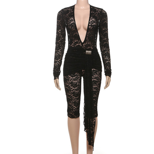 Lace perspective deep V-long sleeved tight fitting jumpsuit