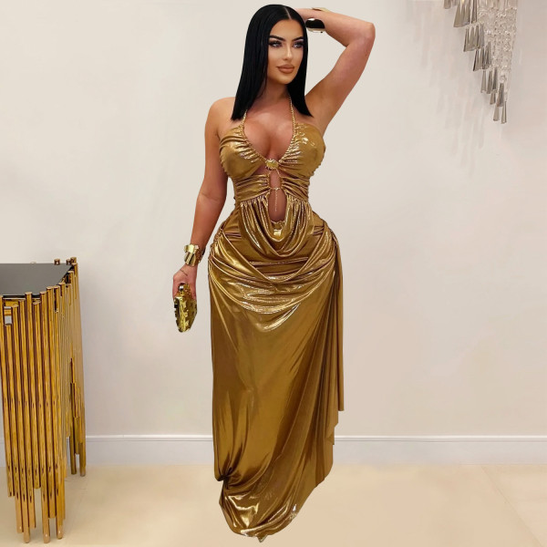 Hanging neck gold chain pleated arm dress