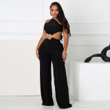 Hollow out diagonal collar strap, pleated circular ring splicing, straight tube long jumpsuit