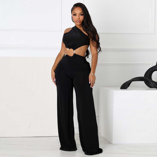 Hollow out diagonal collar strap, pleated circular ring splicing, straight tube long jumpsuit