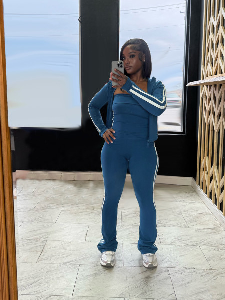 Splicing striped yoga suit zipper long sleeved jacket strapless three piece set