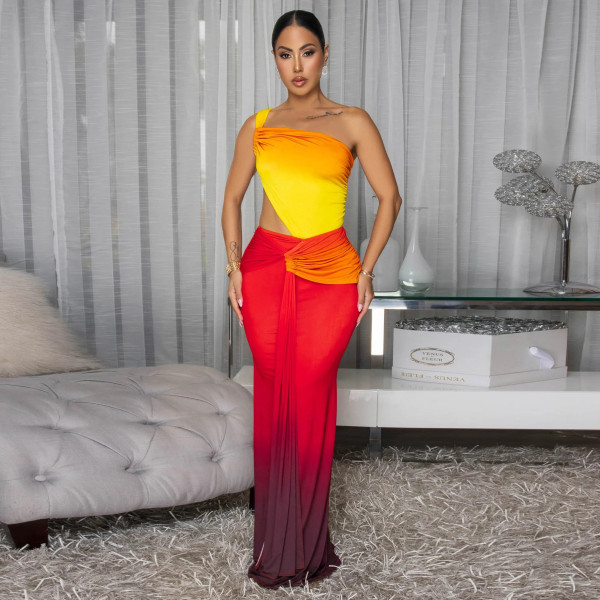 Waist revealing gradient dress, one shoulder dress