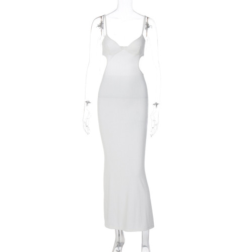Backless hollow out long dress with suspender and slim fit dress