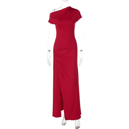 Slant neck short sleeved irregular slit dress