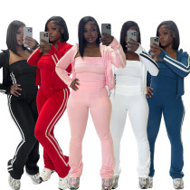 Splicing striped yoga suit zipper long sleeved jacket strapless three piece set