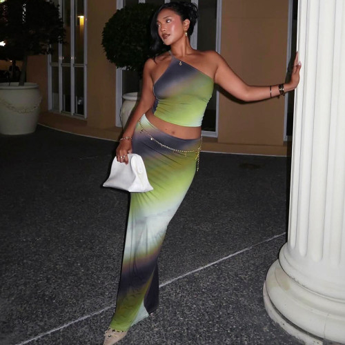 Gradient single shoulder backless vacation two-piece set