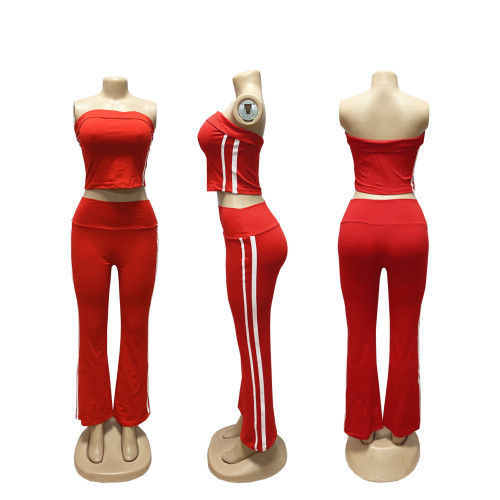 Splicing striped yoga suit zipper long sleeved jacket strapless three piece set