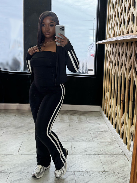 Splicing striped yoga suit zipper long sleeved jacket strapless three piece set