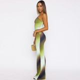 Gradient single shoulder backless vacation two-piece set