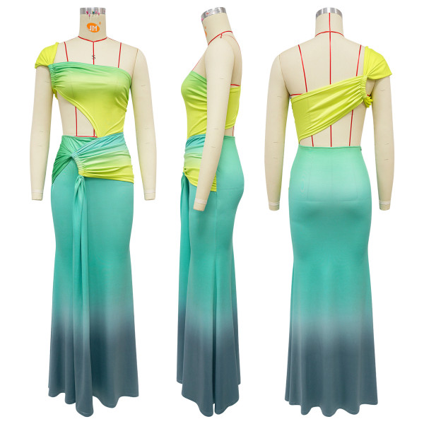 Waist revealing gradient dress, one shoulder dress