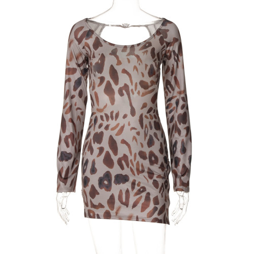 Leopard print backless long sleeved dress