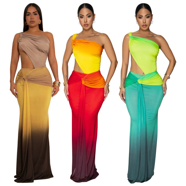 Waist revealing gradient dress, one shoulder dress