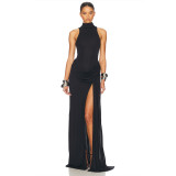 High slit waist cinched sleeveless pleated dress