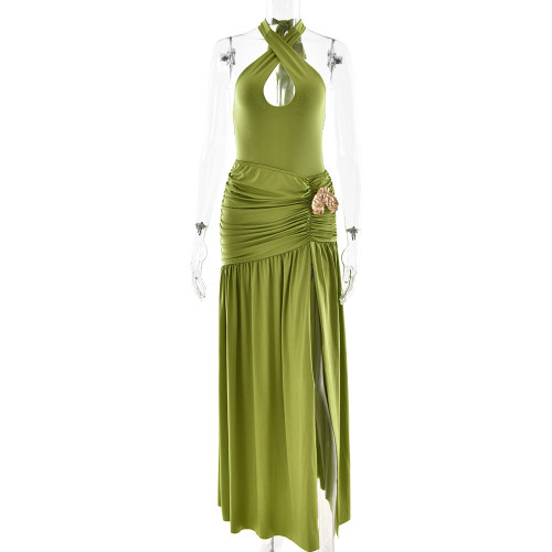 Backless jumpsuit with zip ties and split skirt set