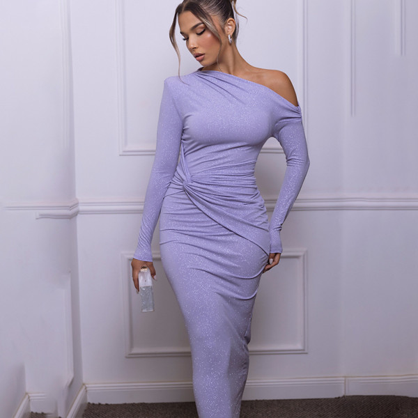 Slanted shoulder long sleeved dress with hip cinching pleats