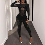 Round neck long sleeved hollow high waisted jumpsuit