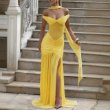 Strapless backless mesh pleated slit long skirt