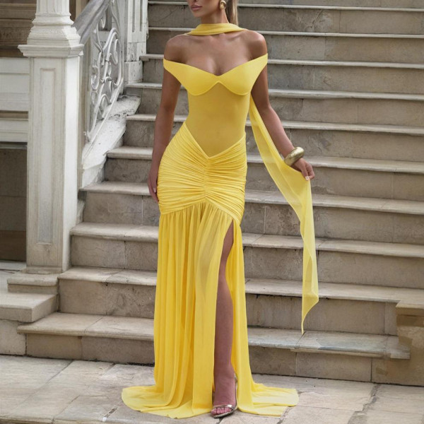 Strapless backless mesh pleated slit long skirt