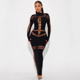Long sleeved hollow out long skirt with buttocks wrapped dress