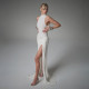 High slit waist cinched sleeveless pleated dress