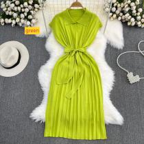 Polo collar loose waist tie A-line knitted dress