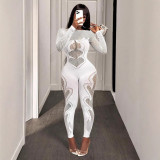 Round neck long sleeved hollow high waisted jumpsuit