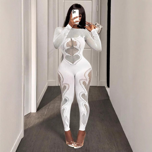 Round neck long sleeved hollow high waisted jumpsuit