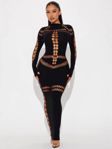 Long sleeved hollow out long skirt with buttocks wrapped dress