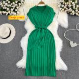 Polo collar loose waist tie A-line knitted dress