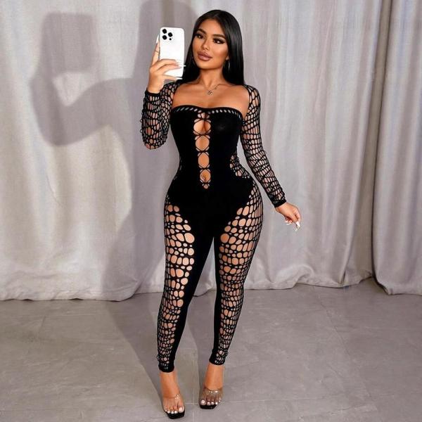 Shawl long sleeved hollow jumpsuit