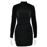 Round neck long sleeved solid color pleated standing flower bag hip dress