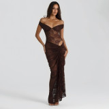 Strapless and backless lace jumpsuit, half skirt, pleated long skirt set
