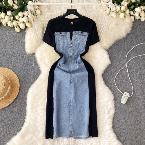 Round neck short sleeved patchwork denim dress, waist cinching fake two-piece long skirt